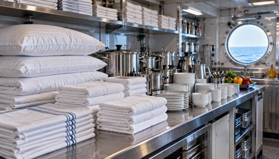 Folded ship's linen and towels stacked beside stainless galley cookware and white crockery.