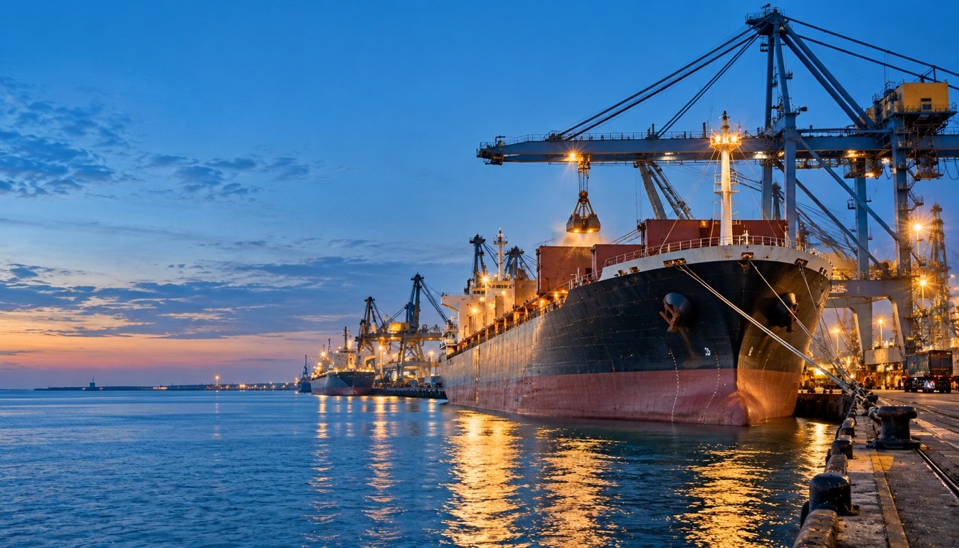 Bulk carrier alongside a commercial quay at blue hour, worked by illuminated gantry cranes.
