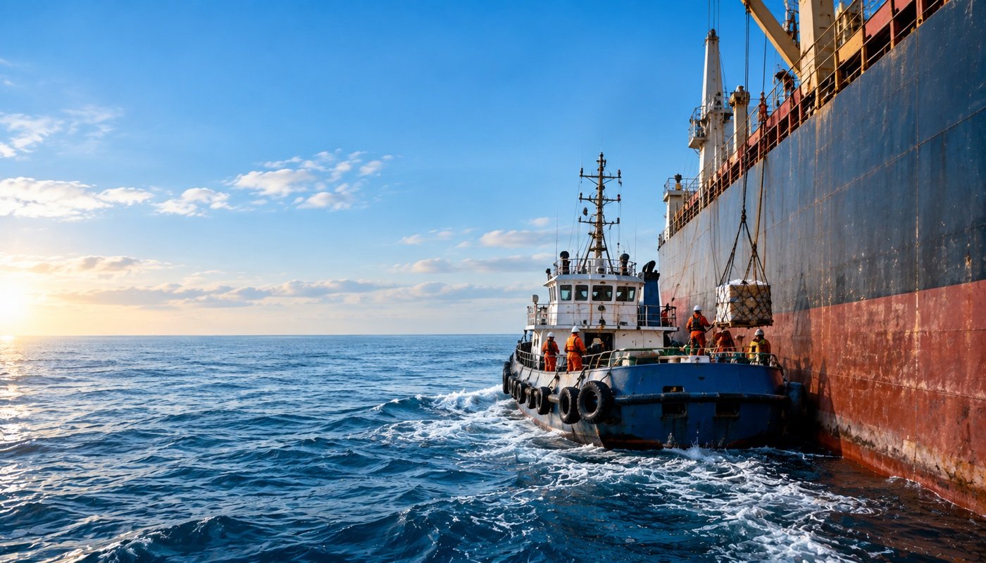 Marine supply workboat running alongside the hull of an anchored cargo vessel, stores being lifted aboard.