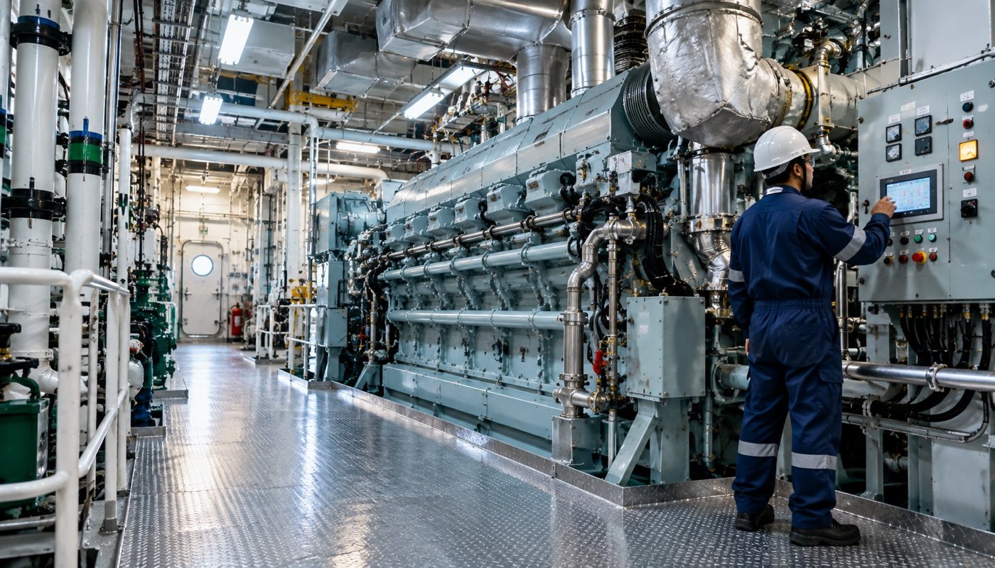 Ship's engineer at the control panel beside a large marine diesel engine in a vessel's engine room.